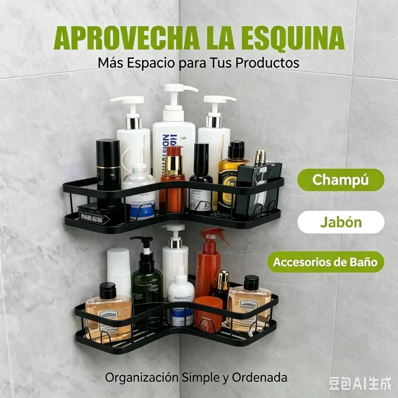 ESTANTE ESQUINERO METALICO PARA BAÑO SIN PERFORAR COLOR NEGRO - 4
