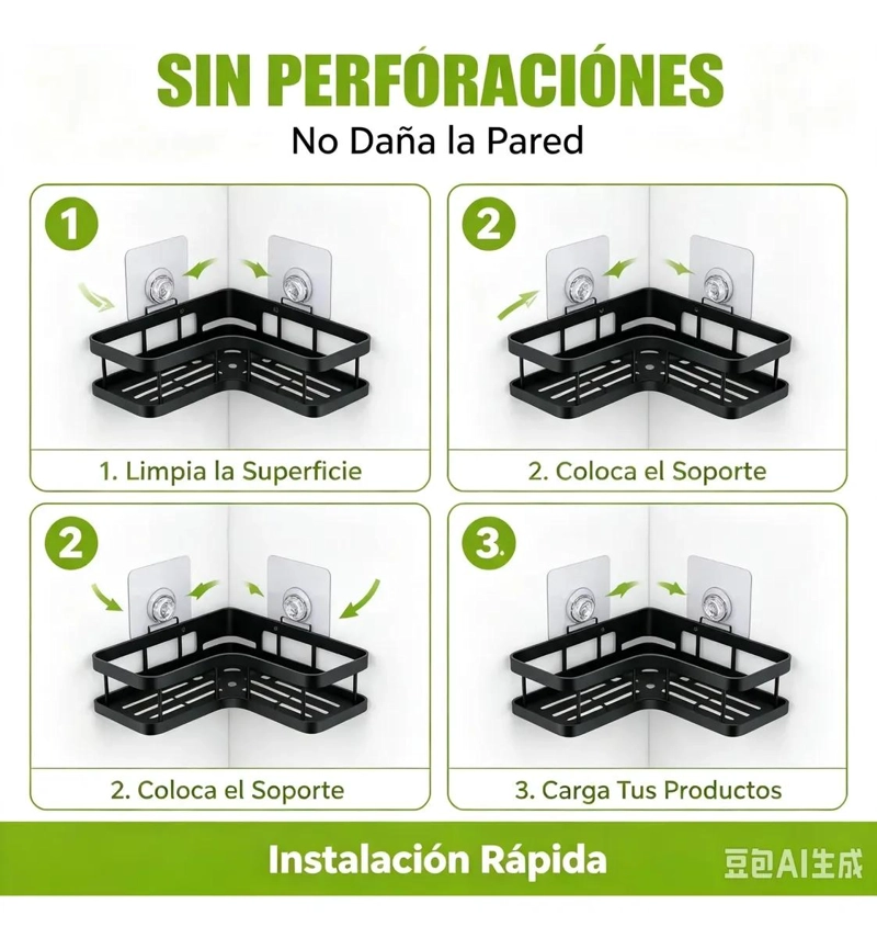 ESTANTE ESQUINERO METALICO PARA BAÑO SIN PERFORAR COLOR NEGRO - 5