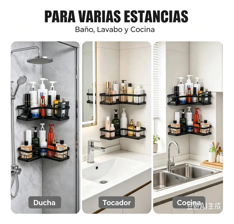 ESTANTE ESQUINERO METALICO PARA BAÑO SIN PERFORAR COLOR NEGRO - 6