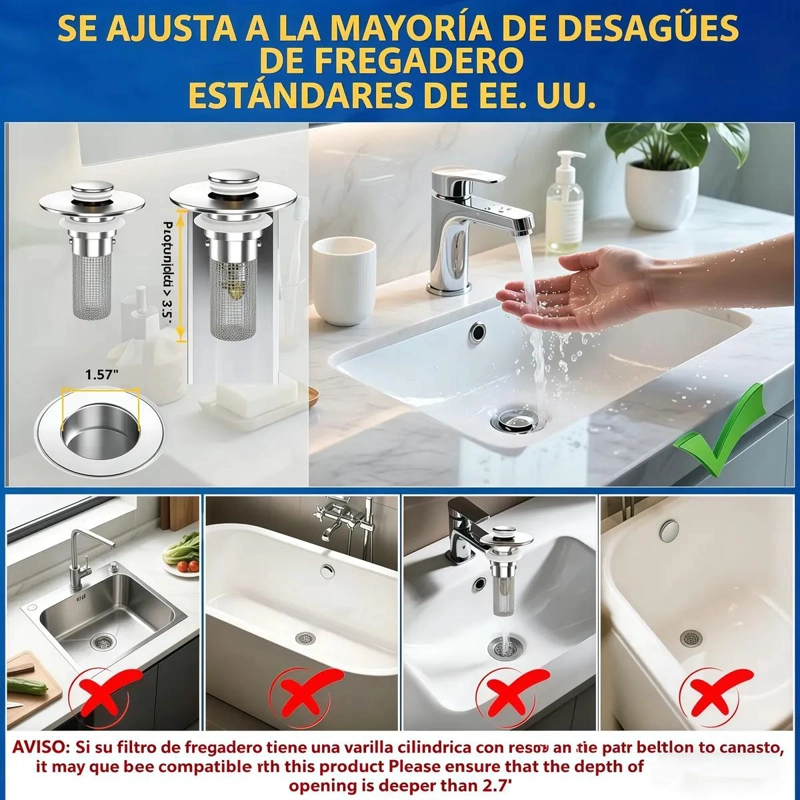PACK DE FILTRO TAPON PARA DUCHA Y FREGADERO DE ACERO - 6
