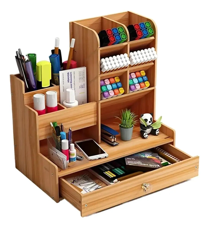 ORGANIZADOR DE ESCRITORIO DE MADERA CON COMPARTIMENTOS - 1