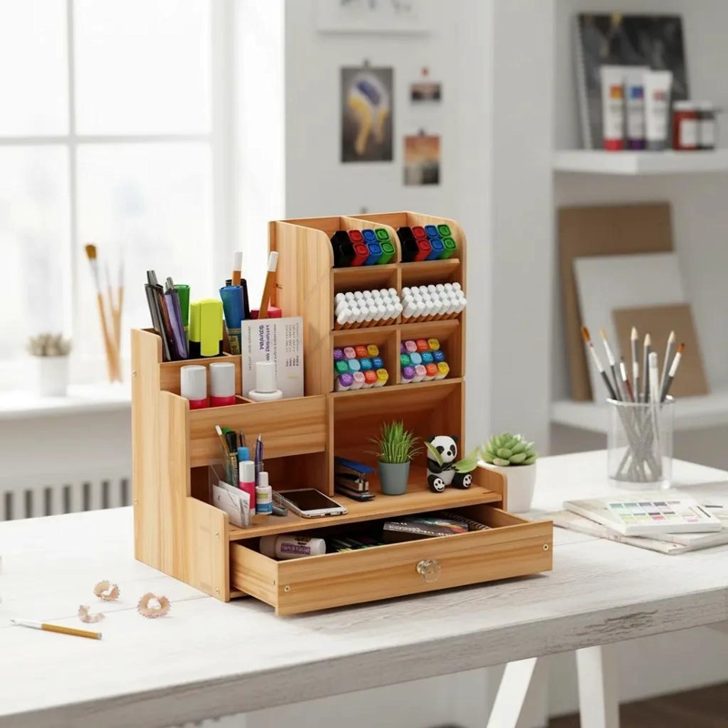 ORGANIZADOR DE ESCRITORIO DE MADERA CON COMPARTIMENTOS - 3