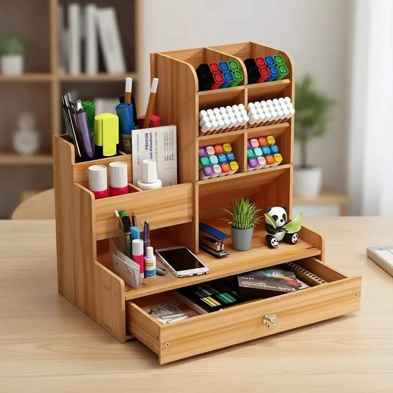ORGANIZADOR DE ESCRITORIO DE MADERA CON COMPARTIMENTOS - 4