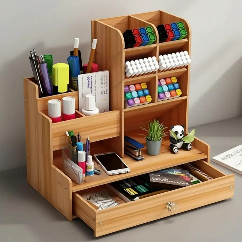 ORGANIZADOR DE ESCRITORIO DE MADERA CON COMPARTIMENTOS - 5