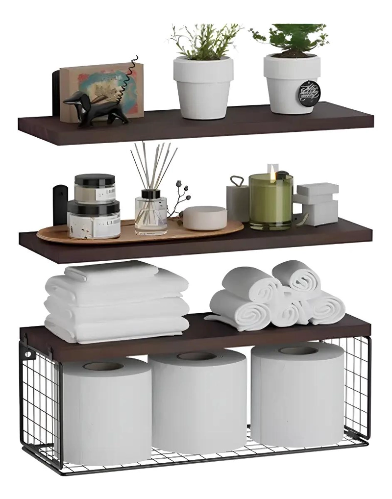 REPISA DE PARED DE MADERA CON 3 ESTANTES PARA BAÑO Y COCINA - 1