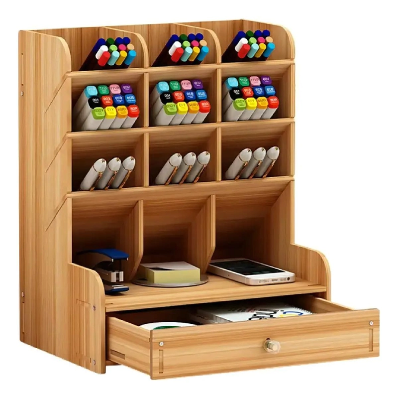 ORGANIZADOR DE ESCRITORIO DE MADERA CON COMPARTIMENTOS - 1