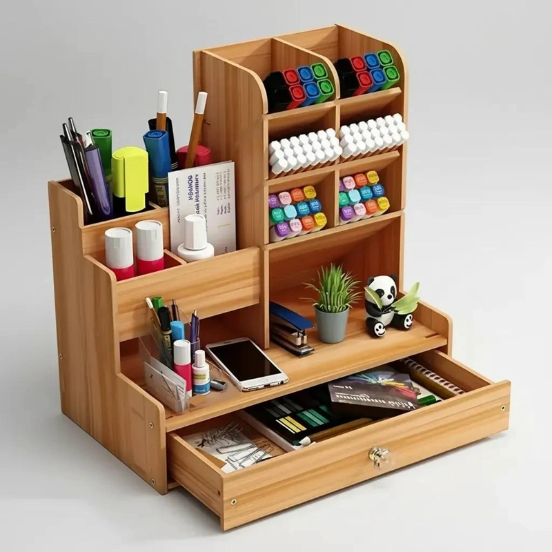 ORGANIZADOR DE ESCRITORIO DE MADERA CON COMPARTIMENTOS - 1