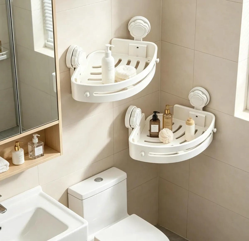 ESTANTE ESQUINERO COLGANTE PARA BAÑO CON VENTOSAS Y 2 NIVELES - 7
