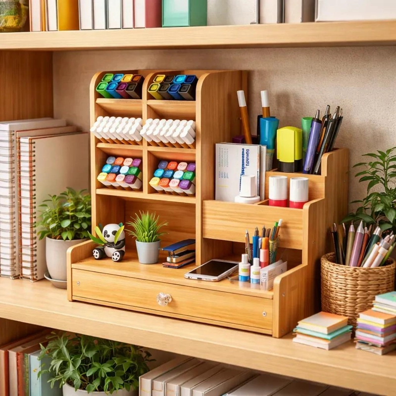 ORGANIZADOR DE ESCRITORIO DE MADERA CON CAJON Y COMPARTIMENTOS - 2