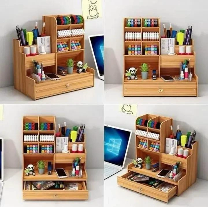 ORGANIZADOR DE ESCRITORIO DE MADERA CON CAJON Y COMPARTIMENTOS - 3