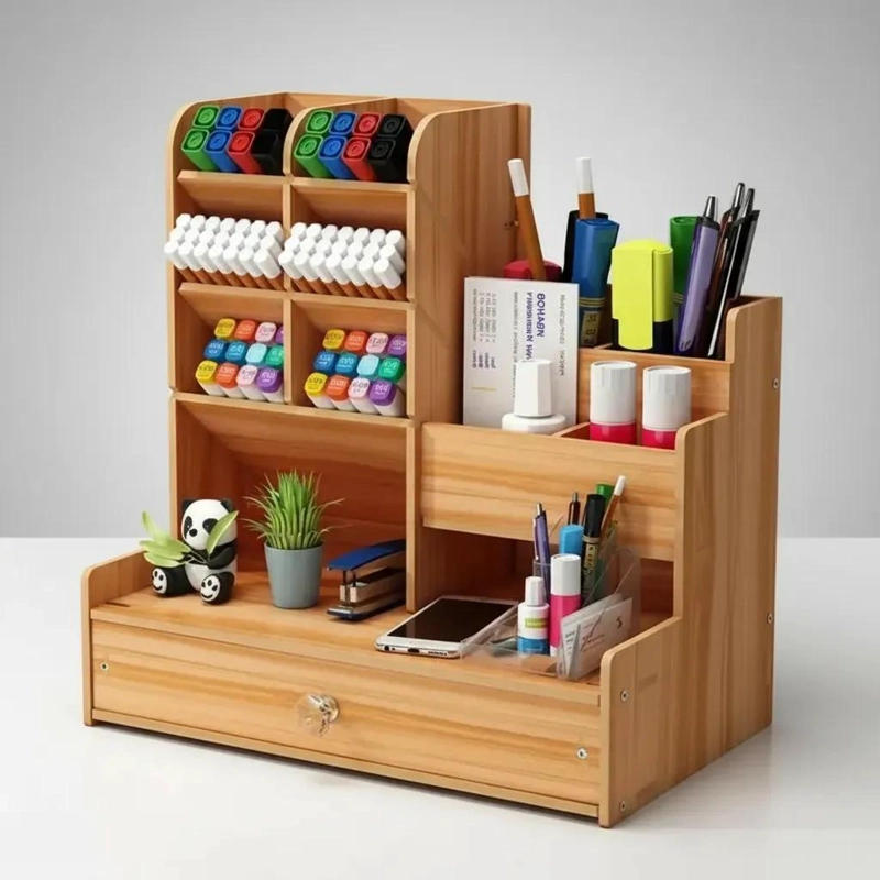 ORGANIZADOR DE ESCRITORIO DE MADERA CON CAJON Y COMPARTIMENTOS - 4