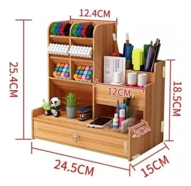 ORGANIZADOR DE ESCRITORIO DE MADERA CON CAJON Y COMPARTIMENTOS - 6