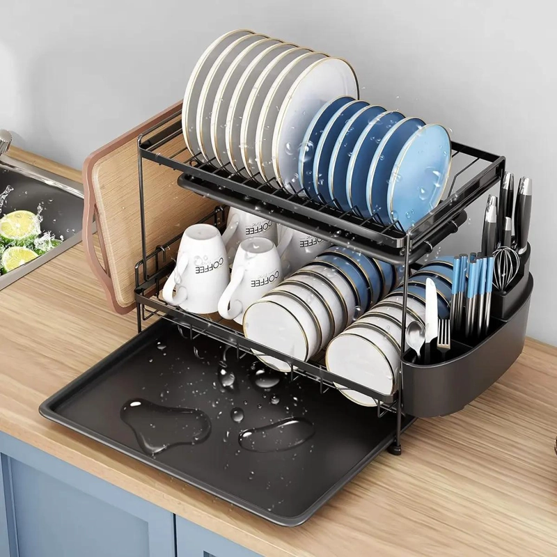 ESCURRIDOR DE PLATOS DE DOS NIVELES PARA COCINA COLOR NEGRO - 2