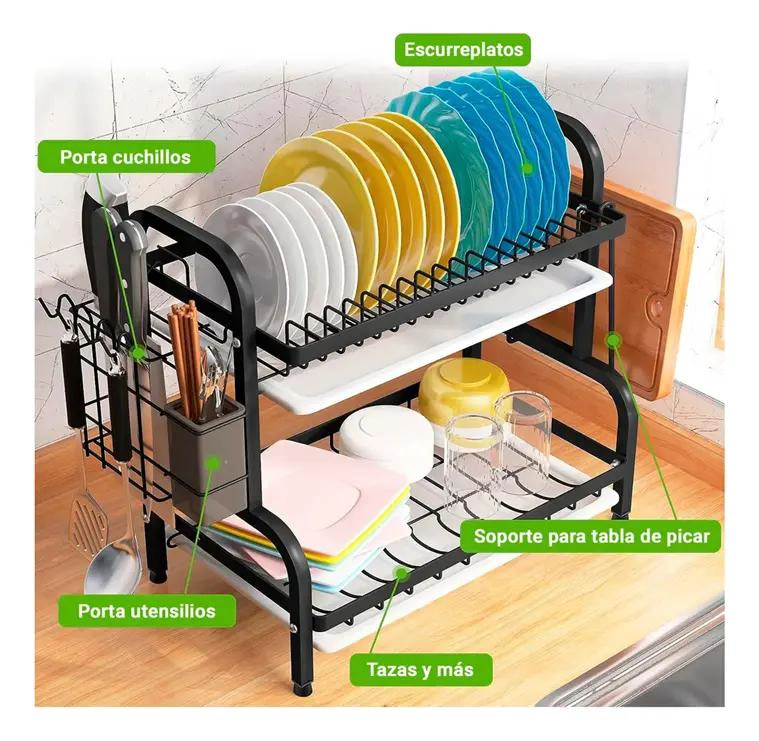ESCURRIDOR DE PLATOS DE ACERO CON 2 NIVELES PARA COCINA - 3