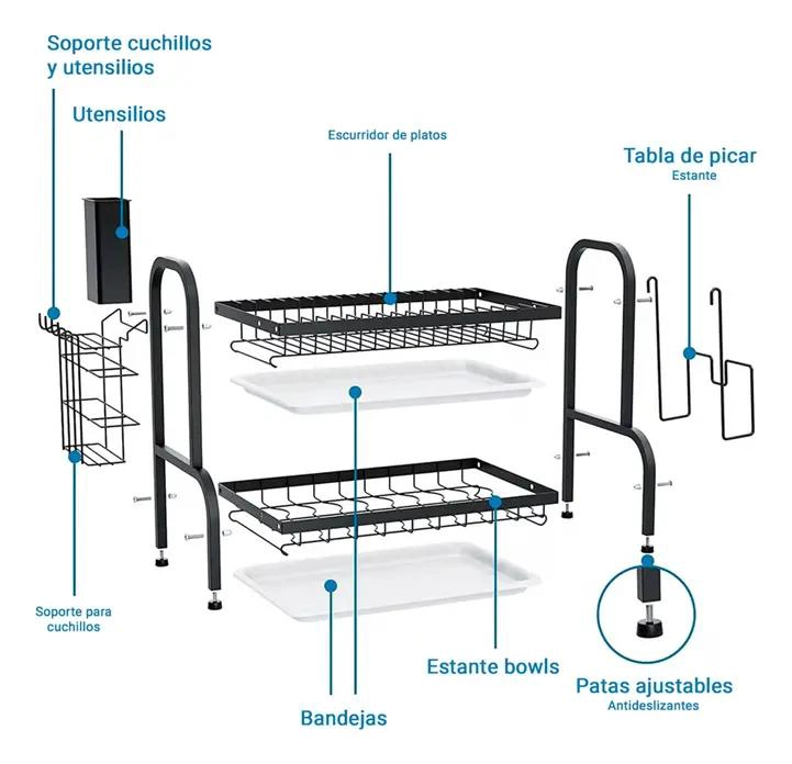 ESCURRIDOR DE PLATOS DE ACERO CON 2 NIVELES PARA COCINA - 4