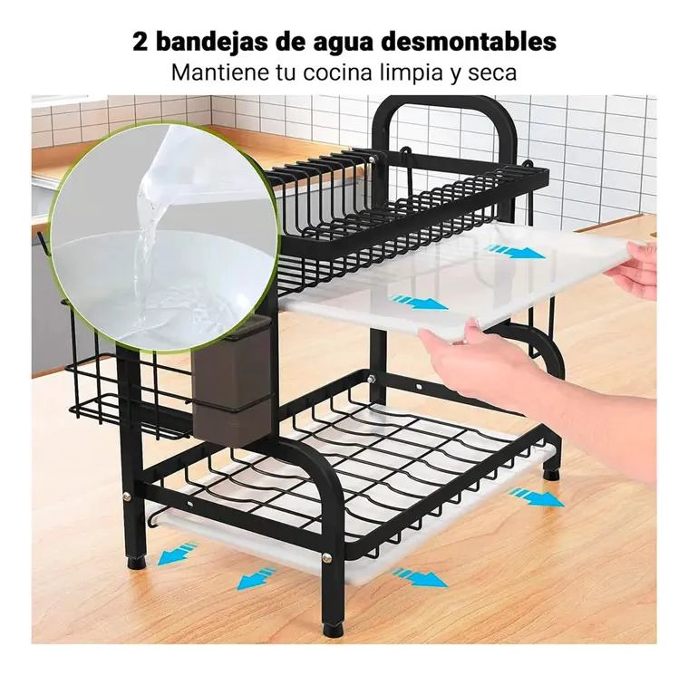 ESCURRIDOR DE PLATOS DE ACERO CON 2 NIVELES PARA COCINA - 6