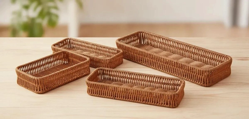 CANASTO ORGANIZADOR RECTANGULAR DE MIMBRE COLOR MARRON OSCURO - 7