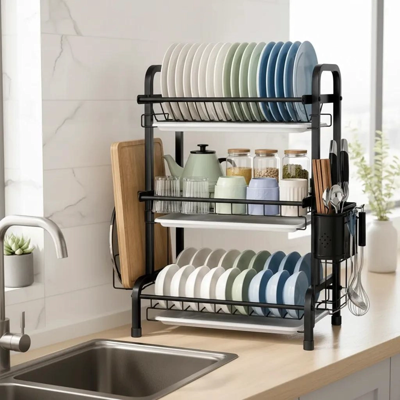 ESCURRIDOR DE PLATOS 3 NIVELES PARA COCINA EN COLOR NEGRO - 1