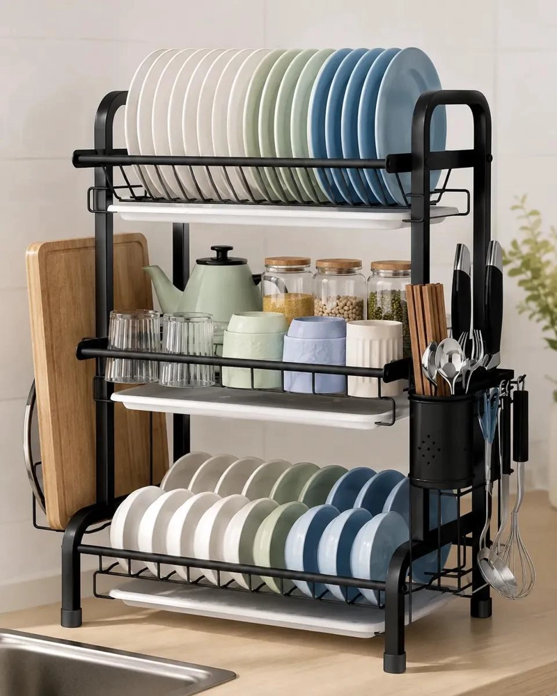 ESCURRIDOR DE PLATOS 3 NIVELES PARA COCINA EN COLOR NEGRO - 2