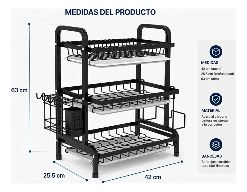 ESCURRIDOR DE PLATOS 3 NIVELES PARA COCINA EN COLOR NEGRO - 3