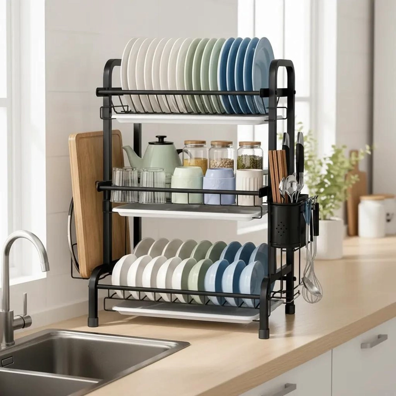 ESCURRIDOR DE PLATOS 3 NIVELES PARA COCINA EN COLOR NEGRO - 4