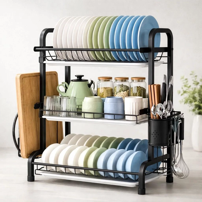 ESCURRIDOR DE PLATOS 3 NIVELES PARA COCINA EN COLOR NEGRO - 6