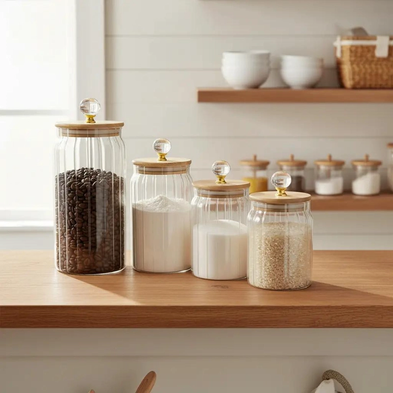 SET DE 4 CONTENEDORES DE VIDRIO Y MADERA CON DISEÑO ELEGANTE - 1