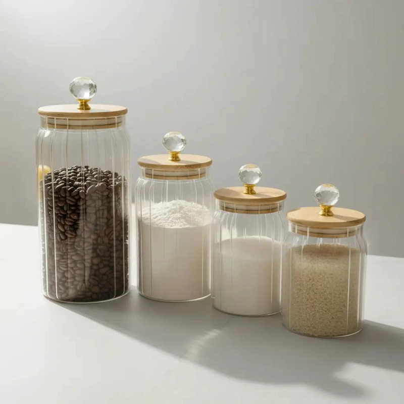 SET DE 4 CONTENEDORES DE VIDRIO Y MADERA CON DISEÑO ELEGANTE - 8