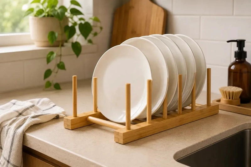 ESCURRIDOR DE PLATOS PLEGABLE DE BAMBU ECOLOGICO PARA COCINA - 2