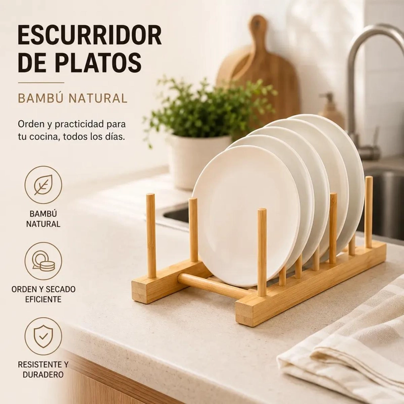 ESCURRIDOR DE PLATOS PLEGABLE DE BAMBU ECOLOGICO PARA COCINA - 3