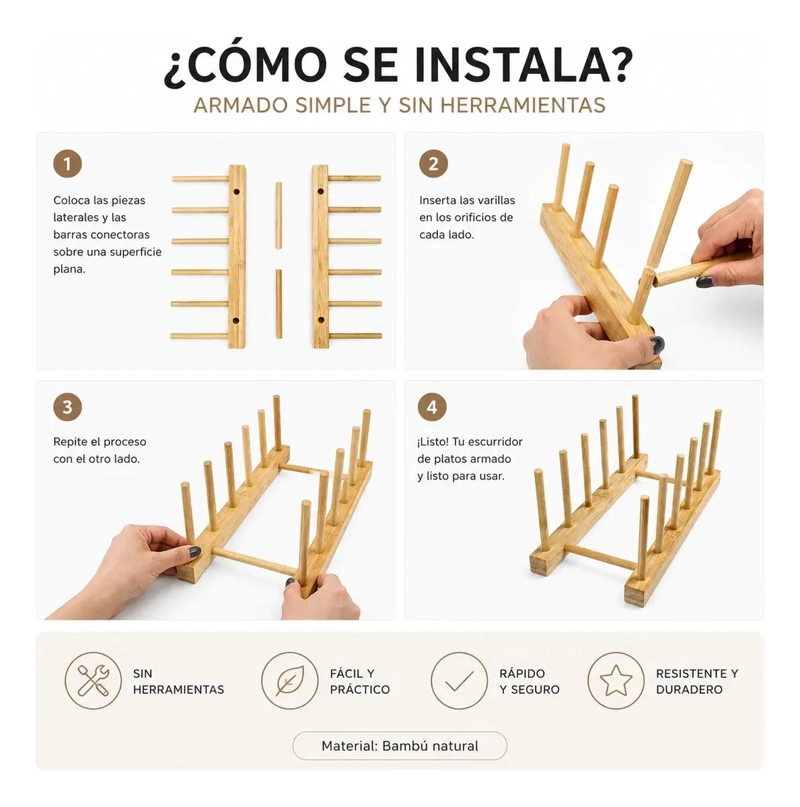 ESCURRIDOR DE PLATOS PLEGABLE DE BAMBU ECOLOGICO PARA COCINA - 5