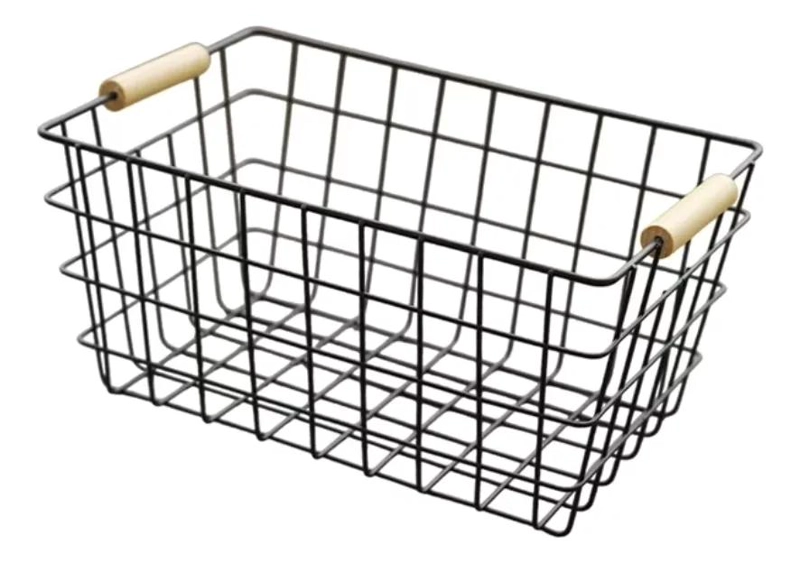 CANASTO ORGANIZADOR RECTANGULAR DE METAL CON MANILLAS DE MADERA - 1