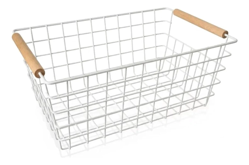 CANASTO ORGANIZADOR RECTANGULAR DE METAL CON MANILLAS DE MADERA - 2