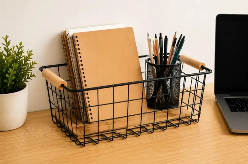 CANASTO ORGANIZADOR RECTANGULAR DE METAL CON MANILLAS DE MADERA - 9