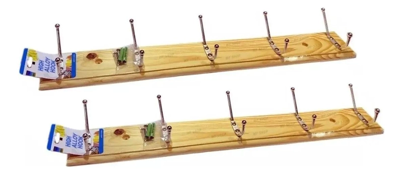 SET DE 2 PERCHEROS DE MADERA CON 5 GANCHOS DE 50 CM - 1