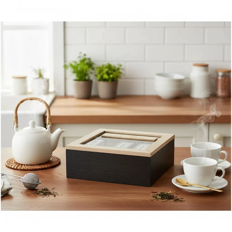 ORGANIZADOR DE TE  DE MADERA 30X10X21 CM EN COLOR NEGRO Y MARRON - 1