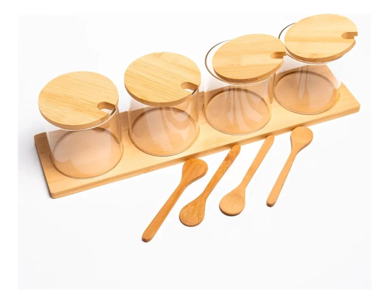 ORGANIZADOR DE ESPECIAS DE VIDRIO Y BAMBU PARA COCINA MODERNA - 1