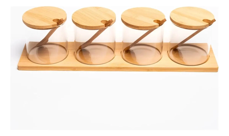 ORGANIZADOR DE ESPECIAS DE VIDRIO Y BAMBU PARA COCINA MODERNA - 3
