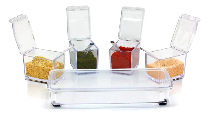 ORGANIZADOR DE CONDIMENTOS ACRILICO CON 4 COMPARTIMENTOS Y CUCHARAS - 8