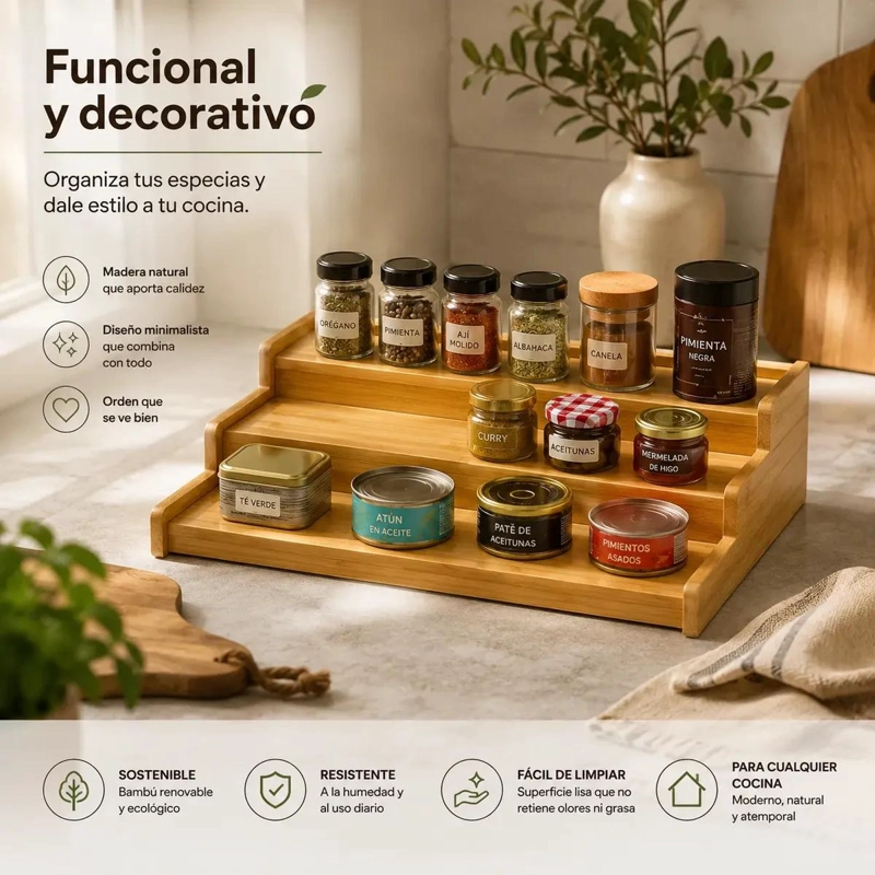 ORGANIZADOR ESCALONADO DE BAMBU PARA COCINA Y BAÑO - 10