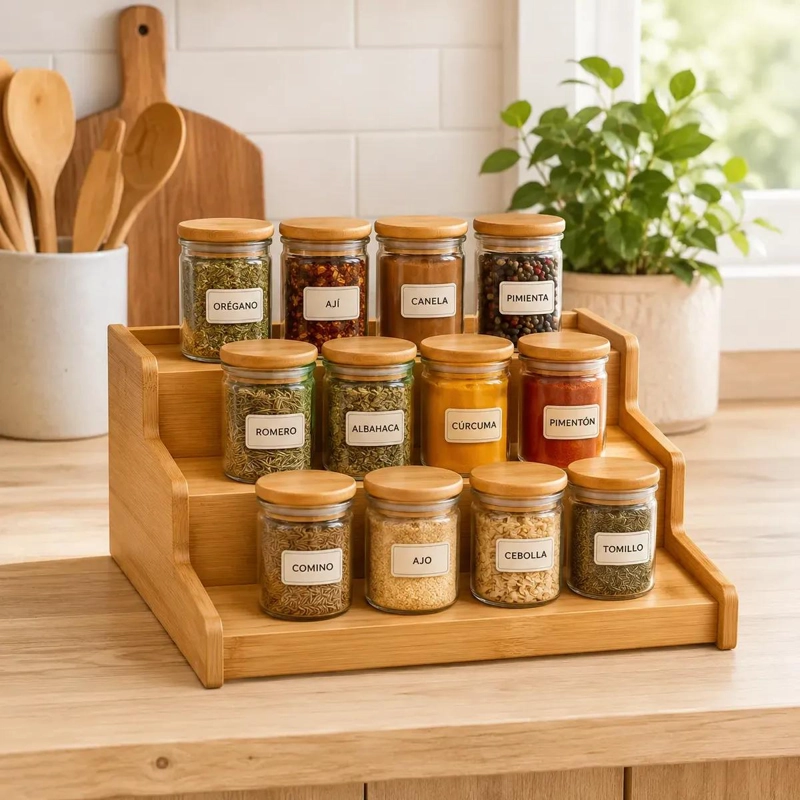ORGANIZADOR ESCALONADO DE BAMBU PARA COCINA Y BAÑO - 2