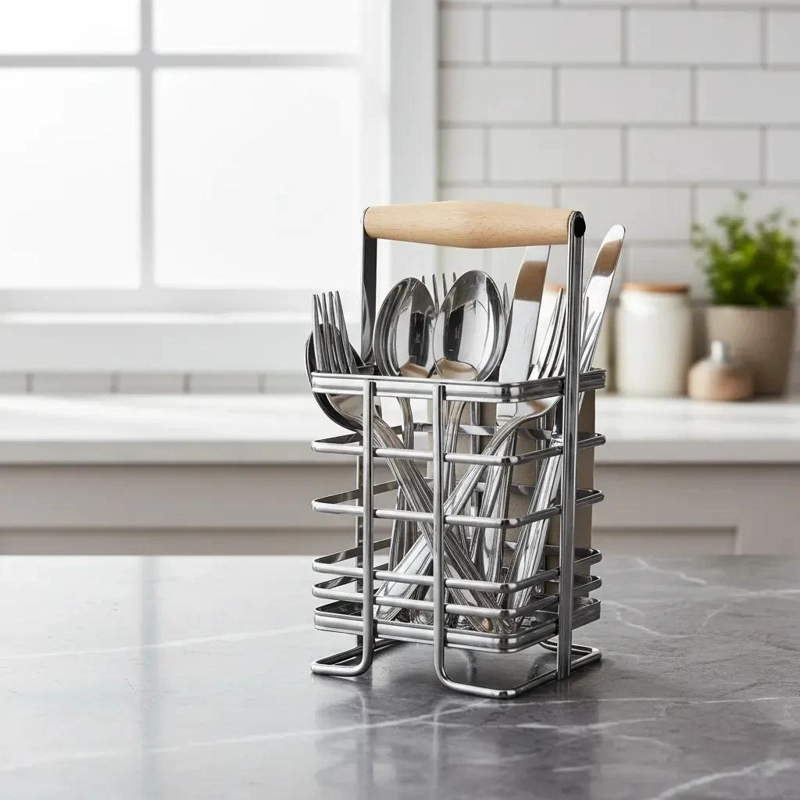 SOPORTE DE UTENSILIOS DE COCINA EN ACERO INOXIDABLE CON ASA DE MADERA - 1