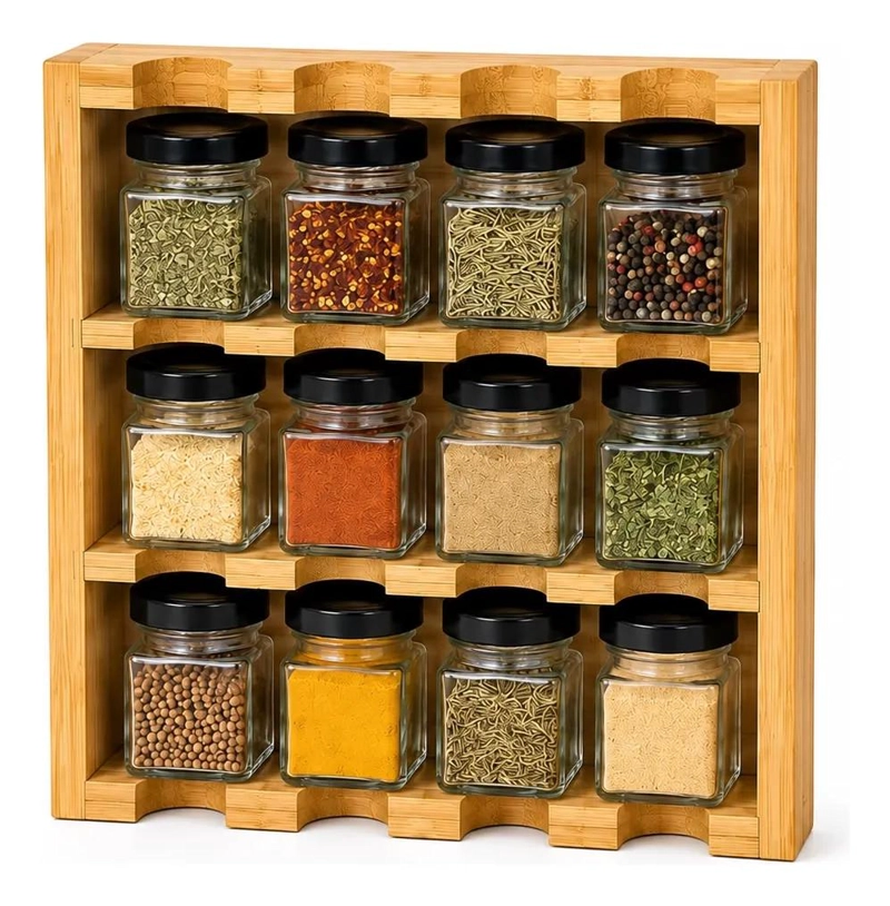 ESPECIERO DE BAMBU CON 12 FRASCOS DE VIDRIO PARA CONDIMENTOS - 2