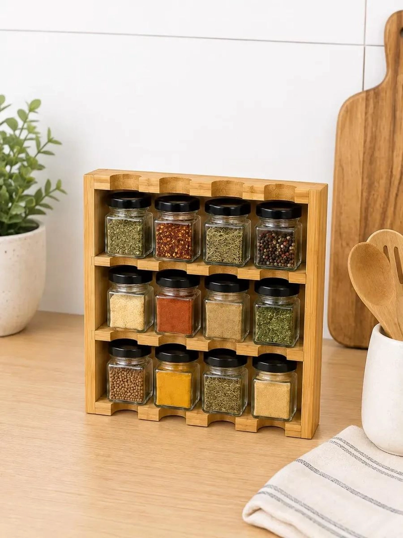 ESPECIERO DE BAMBU CON 12 FRASCOS DE VIDRIO PARA CONDIMENTOS - 3