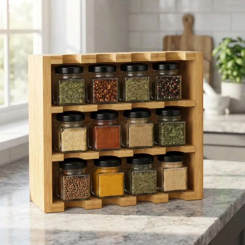 ESPECIERO DE BAMBU CON 12 FRASCOS DE VIDRIO PARA CONDIMENTOS - 4