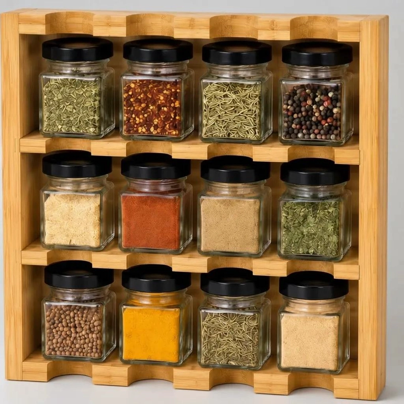 ESPECIERO DE BAMBU CON 12 FRASCOS DE VIDRIO PARA CONDIMENTOS - 6