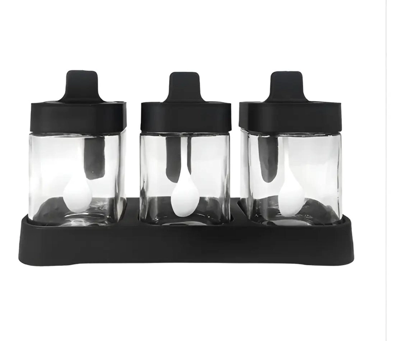 ESPECIERO DE VIDRIO CON TAPA PLASTICA Y 3 FRASCOS PARA COCINA - 1