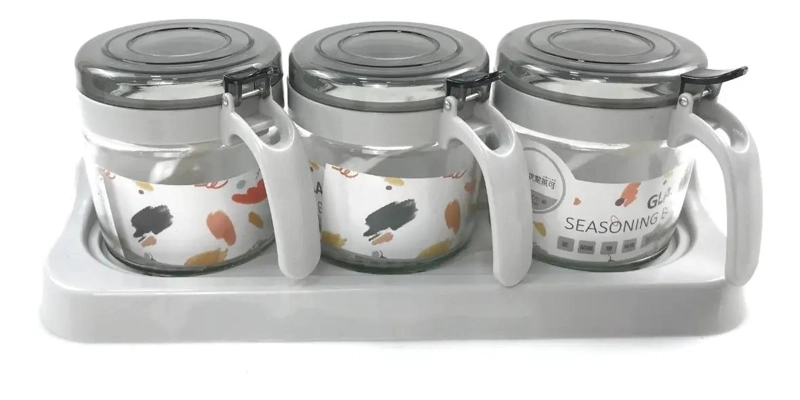 ESPECIERO DE VIDRIO CON 3 FRASCOS PARA CONDIMENTOS DE COCINA - 1