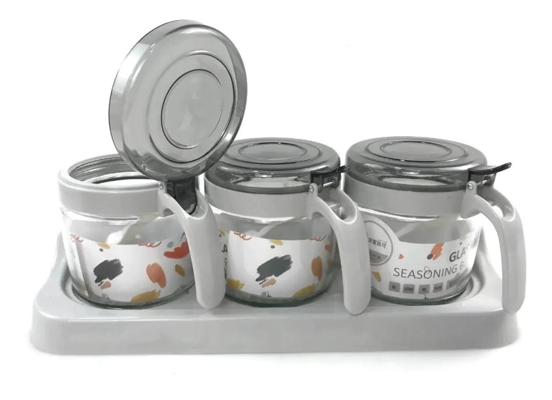ESPECIERO DE VIDRIO CON 3 FRASCOS PARA CONDIMENTOS DE COCINA - 2
