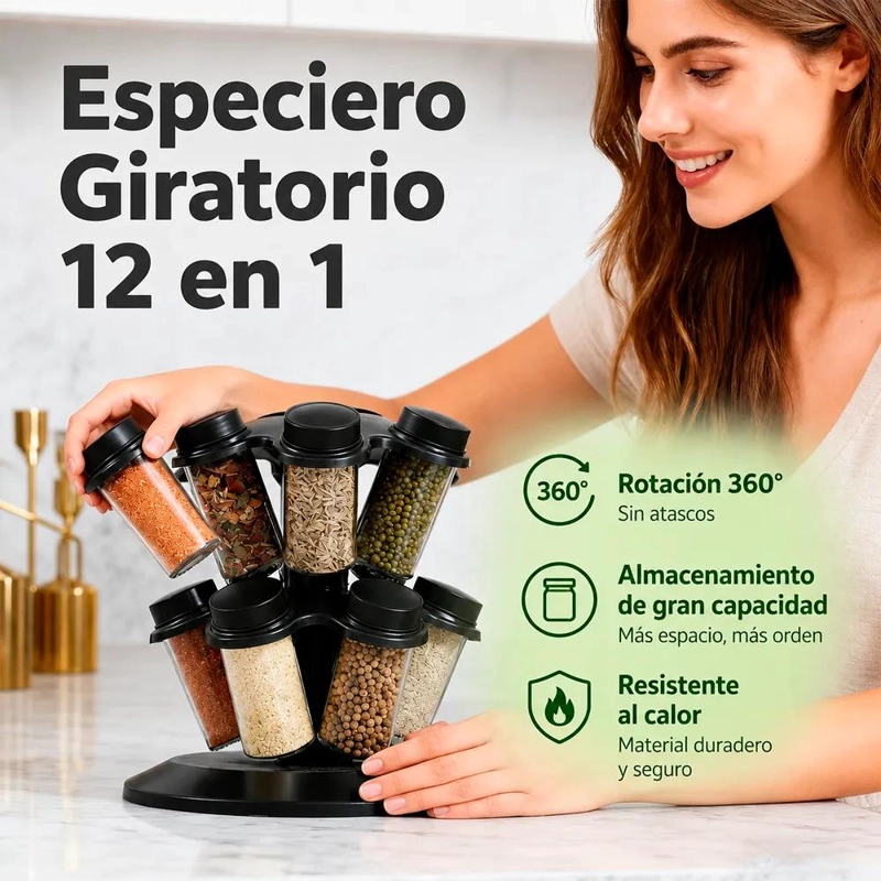 ESPECIERO GIRATORIO CON 12 FRASCOS PARA CONDIMENTOS EN COLOR NEGRO - 3